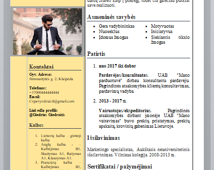 Pardavimų specialisto CV pavyzdys lietuviškai.